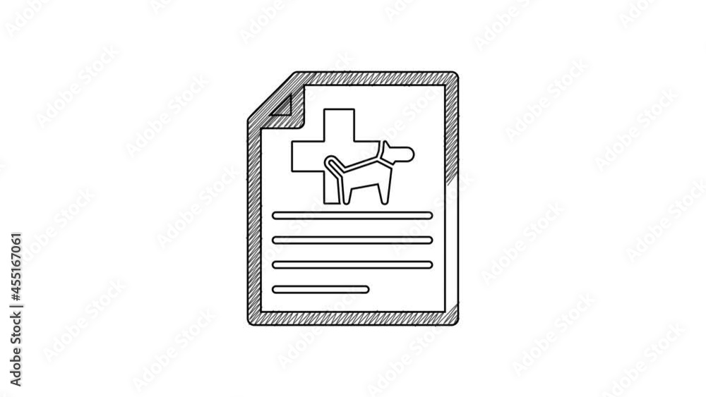 Black line Medical certificate for travel with dog or cat icon isolated on white background. Document for pet. Dog or cat paw print. 4K Video motion graphic animation Black line Medical certificate for travel with dog or cat icon isolated on white background. Document for pet. Dog or cat paw print. 4K Video motion graphic animation