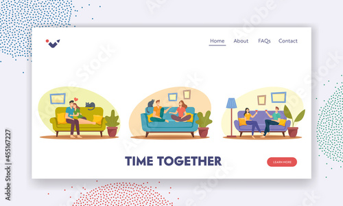Happy Couples Spend Time Together Landing Page Template. Man and Woman Sitting on Sofa at Home, Drink Wine, Hug
