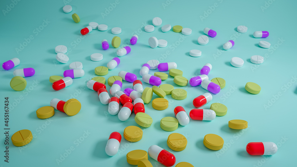 Colored Pills and Capsule Medicines Dropped on the Floor. Drug Drop 3D illustration on studio background. Medicine and Pharmaceutical Business Concept.