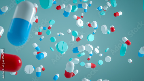 Colorful Pills and capsule Falling. 3D illustration of Drugs Fall, on Light Background. Medicine and Pharmaceutical Business Concept.