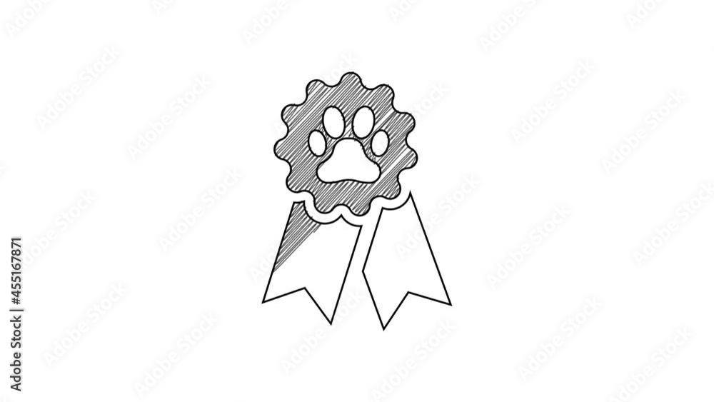 Black line Pet award symbol icon isolated on white background. Badge with dog or cat paw print and ribbons. Medal for animal. 4K Video motion graphic animation Black line Pet award symbol icon isolated on white background. Badge with dog or cat paw print and ribbons. Medal for animal. 4K Video motion graphic animation