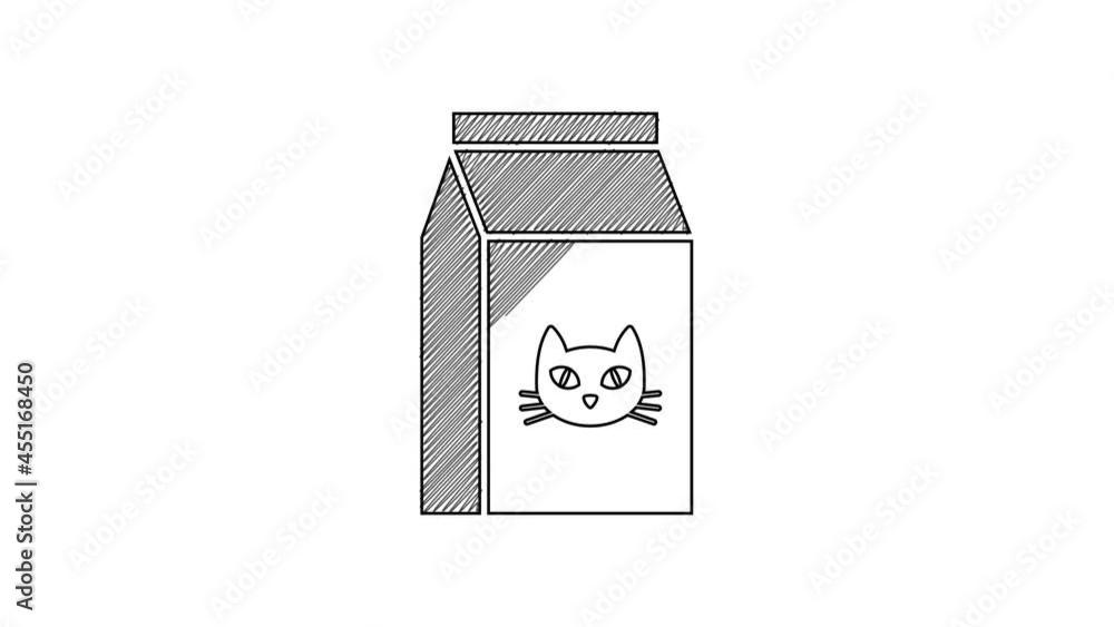 Black line Bag of food for cat icon isolated on white background. Food for animals. Pet food package. 4K Video motion graphic animation Black line Bag of food for cat icon isolated on white background. Food for animals. Pet food package. 4K Video motion graphic animation