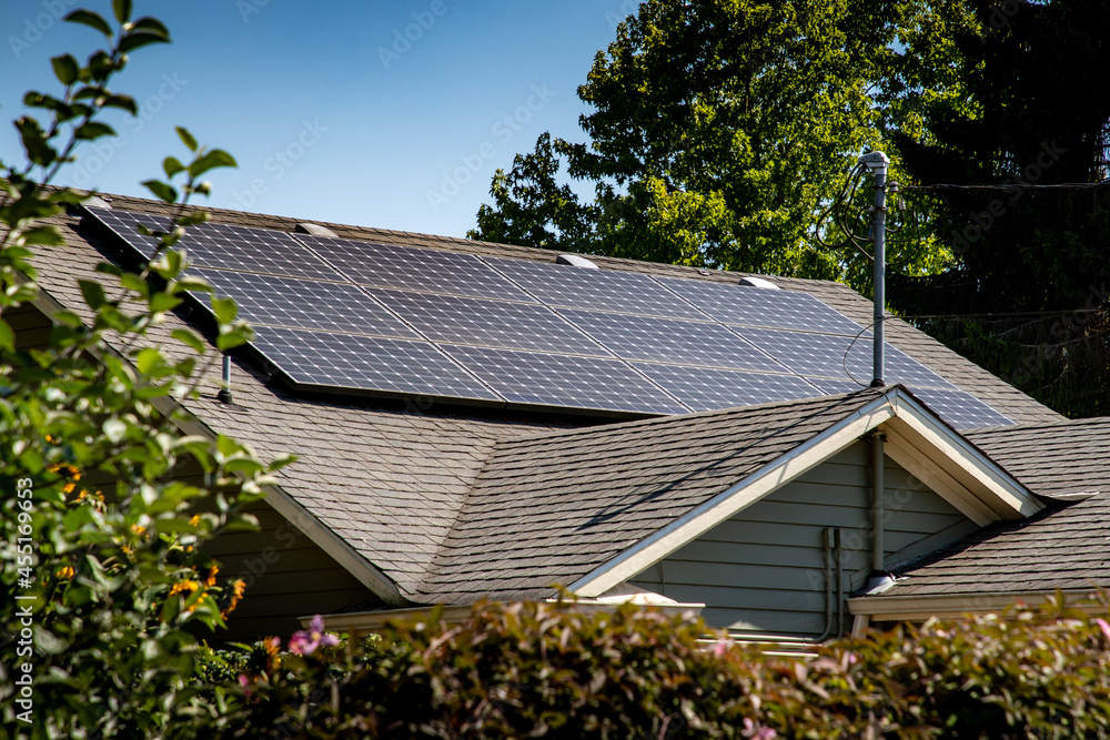 Everett, WA - USA 08-24-2021: Solar Panels on Roof of Home Everett, WA - USA 08-24-2021: Solar Panels on Roof of Home