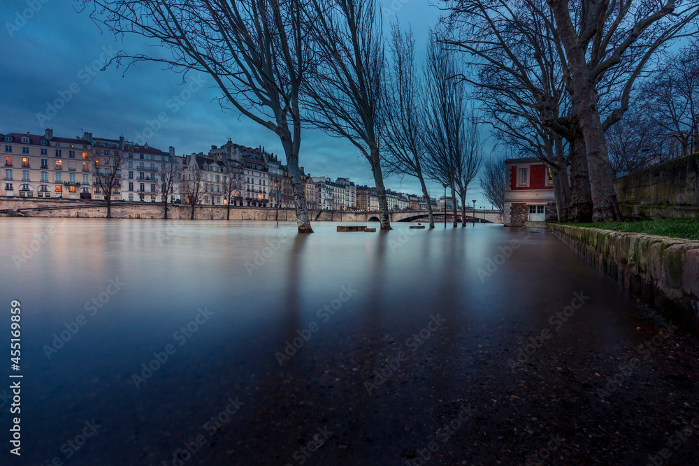 Paris, France - February 4, 2021: View of Paris flood as river Seine rises and approaches record level.