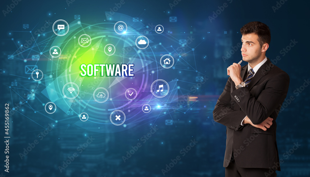 Businessman thinking about modern technology Businessman thinking about modern technology