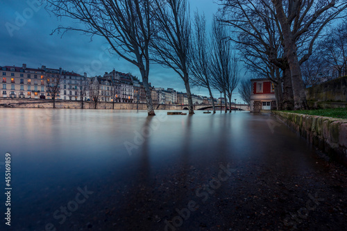 Paris, France - February 4, 2021: View of Paris flood as river Seine rises and approaches record level.