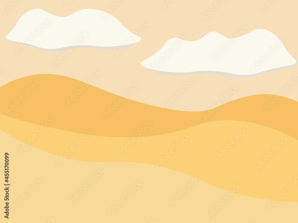Flat vector illustration of a landscape. Golden hills, bright sky and clouds.