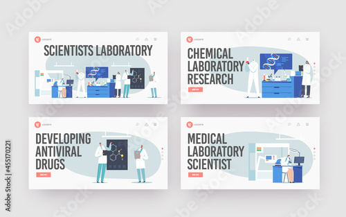 Scientific Laboratory Research Landing Page Template Set. Scientist Characters Working with Dna, Look through Microscope