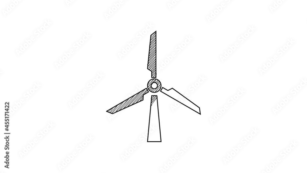 Black line Wind turbine icon isolated on white background. Wind generator sign. Windmill silhouette. Windmill for electric power production. 4K Video motion graphic animation Black line Wind turbine icon isolated on white background. Wind generator sign. Windmill silhouette. Windmill for electric power production. 4K Video motion graphic animation