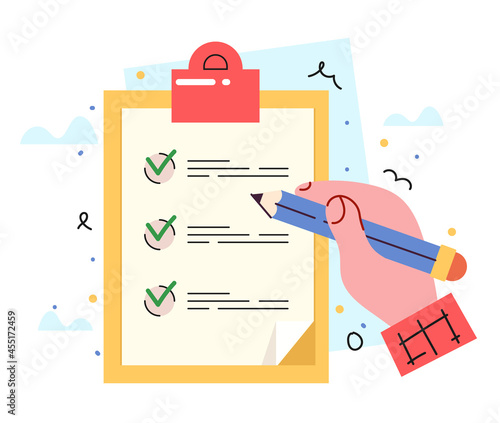 Hand put check mark in checklis vector flat illustration

