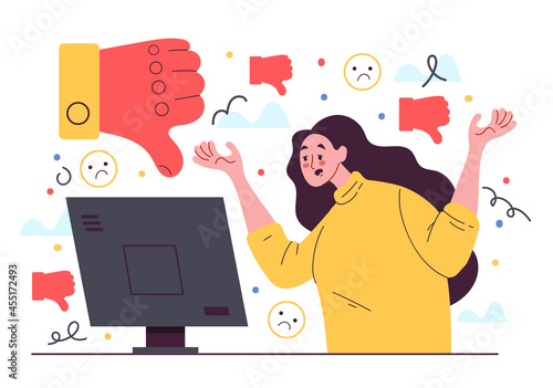 Woman blogger character get social media dislike reaction flat design element illustration
