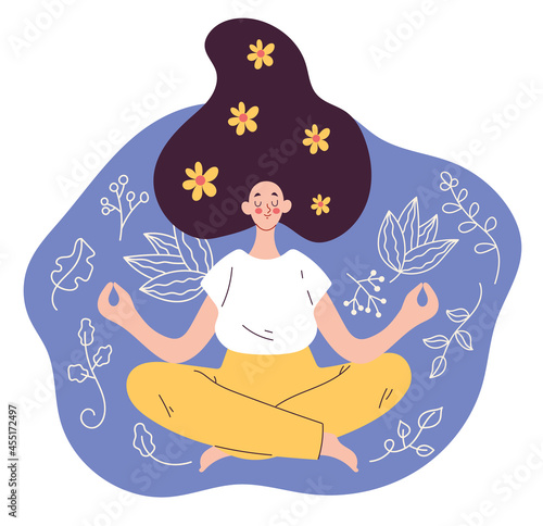 Woman chaarcter sitting in lotus position and relaxign flat design element illustration
