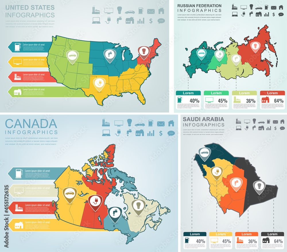 Naklejka premium World countries infographic collection. Business and finance concept. Vector illustration