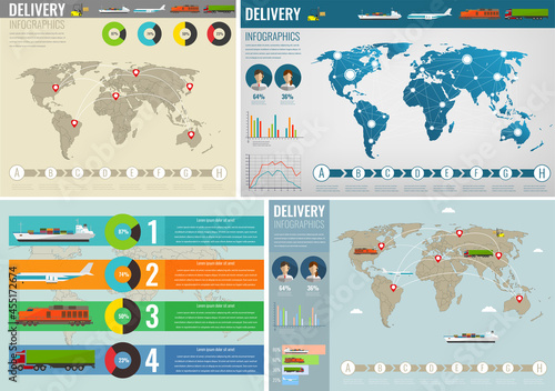 Transportation inforgraphic maps collection with charts, graphics and vehicles. Vector illustration
