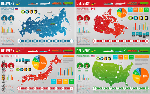 Transportation inforgraphic maps collection with charts, graphics and vehicles. Vector illustration