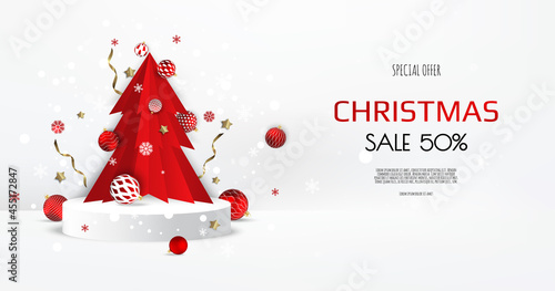 Christmas podium with snowflakes and paper trees,xmas balls. Blank pedestal. Vector illustration.