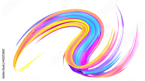 Multicolored abstract twisted brush stroke. Bright curl, artistic spiral. 3D rendering image