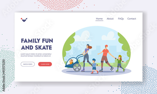 Family Fun and Skate Landing Page Template. Rollers Mother, Father and Little Kids Walking at City Park, Roller Skates