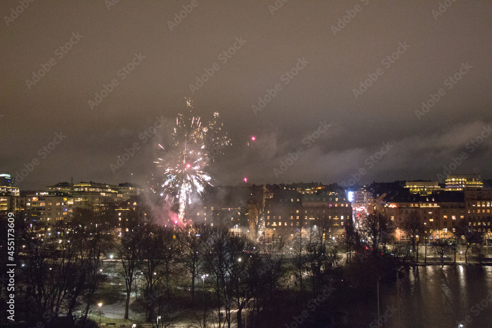 Fireworks in Kungsholmen district at night, Stockholm, Sweden.