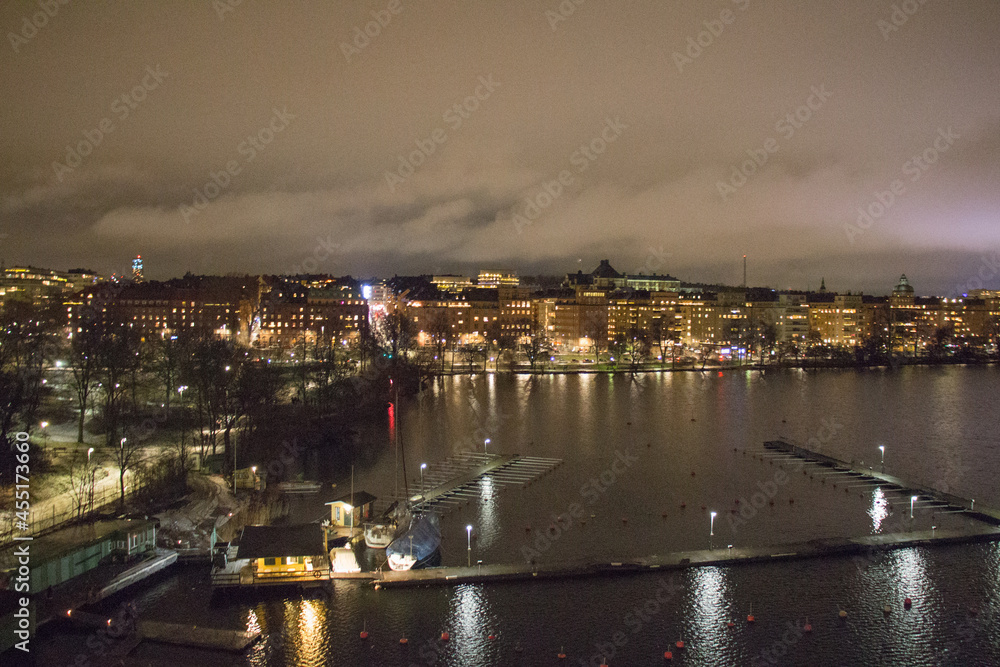 View from the bridge on Kungsholmen waterfront at night, Stockholm, Sweden.