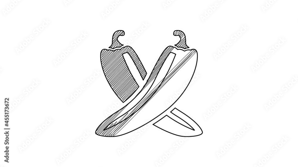 Black line Crossed hot chili pepper pod icon isolated on white background. Design for grocery, culinary products, seasoning and spice package. 4K Video motion graphic animation Black line Crossed hot chili pepper pod icon isolated on white background. Design for grocery, culinary products, seasoning and spice package. 4K Video motion graphic animation