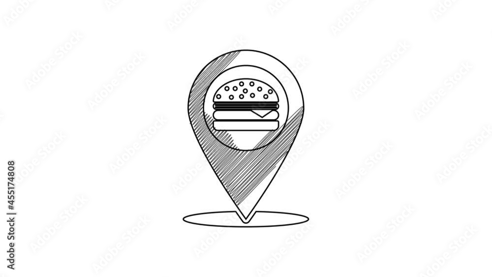 Black line Map pointer with fast food burger icon isolated on white background. 4K Video motion graphic animation Black line Map pointer with fast food burger icon isolated on white background. 4K Video motion graphic animation