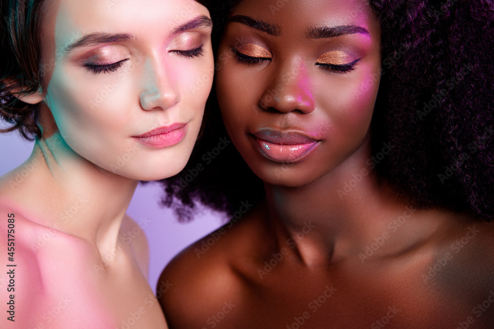 Close up portrait of two gorgeous adorable young ladies closed eyes dream tempting perfection no clothes Close up portrait of two gorgeous adorable young ladies closed eyes dream tempting perfection no clothes