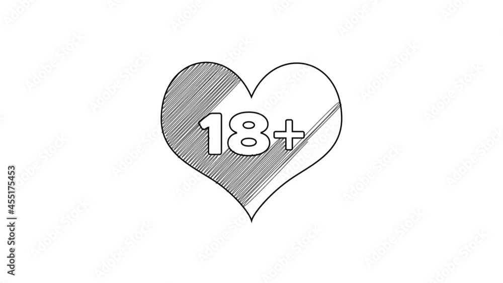Black line 18 plus content heart icon isolated on white background. Adults content only icon. 4K Video motion graphic animation Black line 18 plus content heart icon isolated on white background. Adults content only icon. 4K Video motion graphic animation