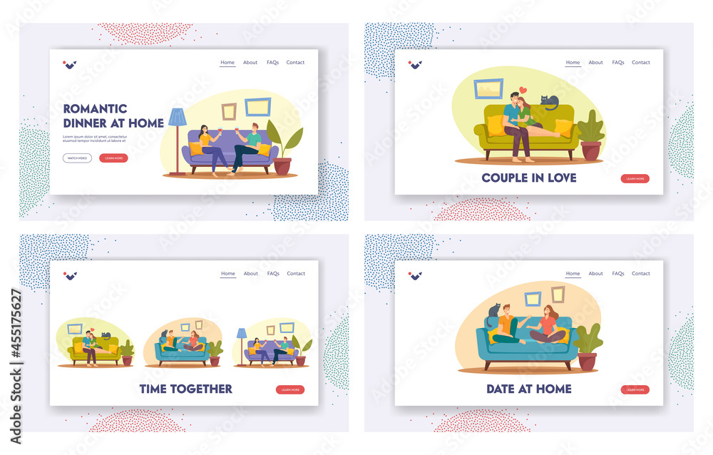 Happy Couples Spend Time Landing Page Template Set. Man and Woman Sitting on Sofa at Home, Drink Wine, Hug, Chatting