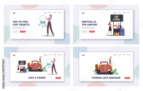 Lost and Found Landing Page Template Set. Travelers Characters Claim Baggage on Airport Conveyor Belt. Upset Passengers