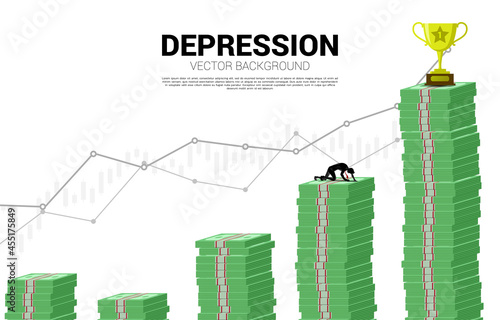 silhouette of businessman crawling on banknote graph. Concept for depression business in work.