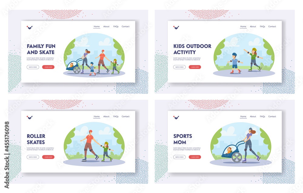 Family Skate Fun Landing Page Template Set. Rollers Mother, Father and Little Kids Characters Walking at City Park