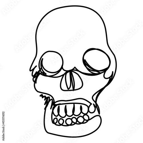 Stylized doodle skull in one line on white. Vector scary face on isolate. A symbol of death and hopelessness. Element for Halloween. Editable stroke.