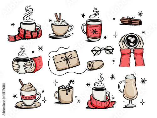 Obraz na plátně Christmas hot drink set of winter coffee, tea, chocolate