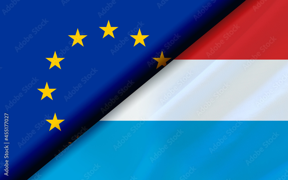 Flags of the EU and Luxembourg divided diagonally Flags of the EU and Luxembourg divided diagonally