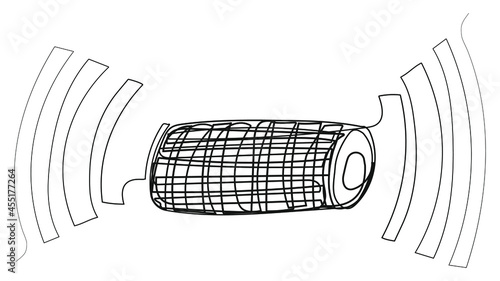 Doodle music column in one line on a white background. Vector illustration with loud music source. A stylized modern wireless tape recorder. Element for a fun party.