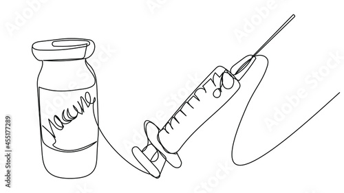 Vaccination. Medicine bottle and syringe in one line. Vector illustration of a prophylactic injection against diseases, flu, covid.