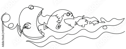 Food chain in one line on a white background. The big fish eat the small one. A symbol of capitalism, marketing, robots, pyramid schemes, cryptocurrencies. Whales buying up stocks and digital assets. 