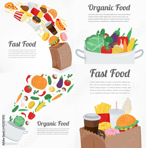 Health food and junk food background collection. Vector