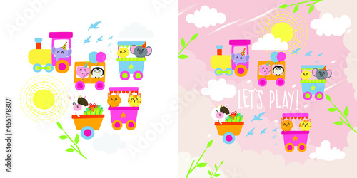 Cute animals riding train at the sky background