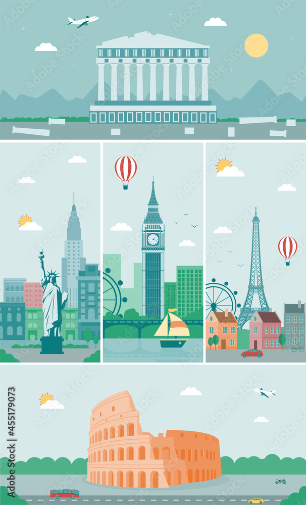 Travel and Tourism template with famous landmarks and travel stuff. Vector