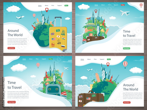 Travel and Tourism template with famous landmarks and travel stuff. Vector