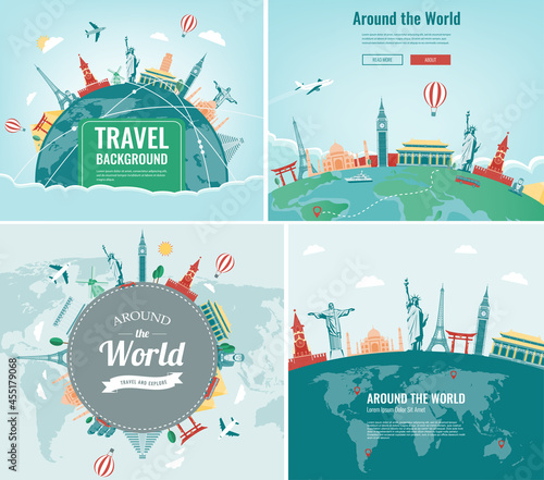 Travel and Tourism template with famous landmarks and travel stuff. Vector