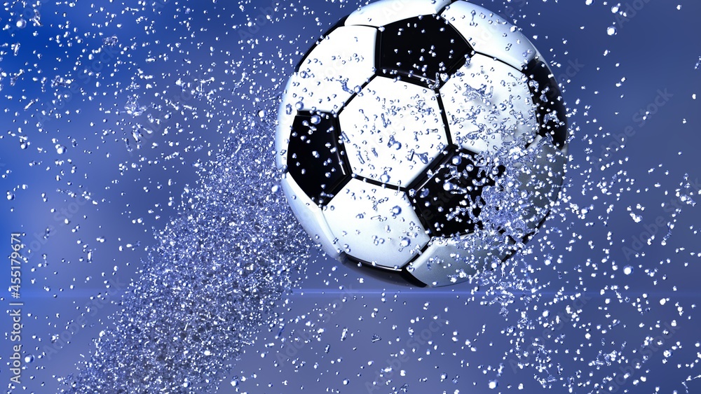 Naklejka premium Soccer Ball with Diamond Water Particles under Blue Sky Lighting Background. 3D illustration. 3D high quality rendering. 3D CG.