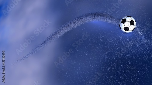 Soccer Ball with Diamond Water Particles under Blue Sky Lighting Background. 3D illustration. 3D high quality rendering. 3D CG.