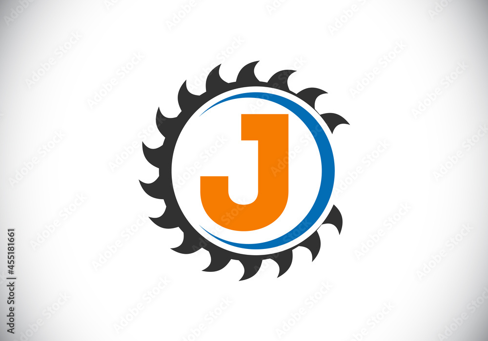 Initial J monogram alphabet with the saw blade. Carpentry, woodworking logo design. Font emblem. Modern vector logo for sawmill business and company identity Initial J monogram alphabet with the saw blade. Carpentry, woodworking logo design. Font emblem. Modern vector logo for sawmill business and company identity