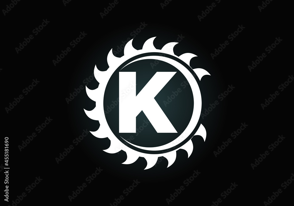 Initial K monogram alphabet with the saw blade. Carpentry, woodworking logo design. Font emblem. Modern vector logo for sawmill business and company identity Initial K monogram alphabet with the saw blade. Carpentry, woodworking logo design. Font emblem. Modern vector logo for sawmill business and company identity
