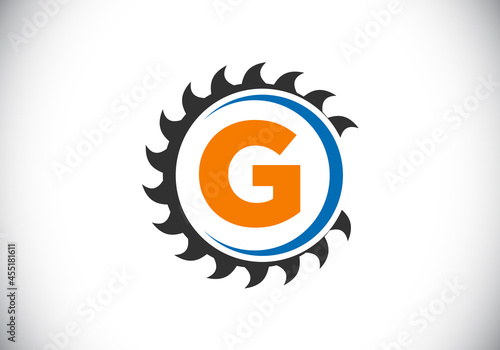 Initial G monogram alphabet with the saw blade. Carpentry, woodworking logo design. Font emblem. Modern vector logo for sawmill business and company identity