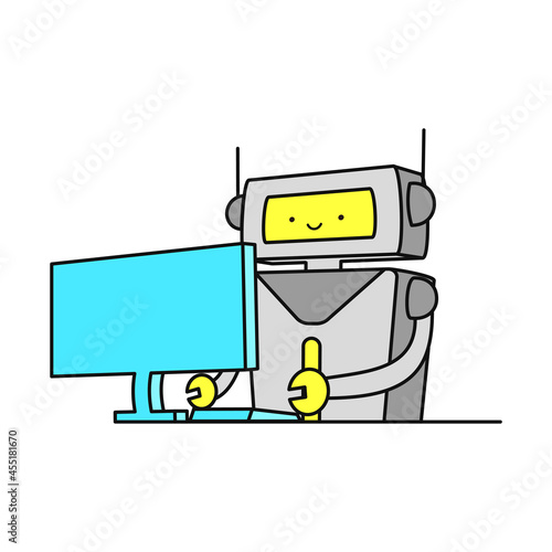 パソコンの前で仕事をする可愛いロボット
