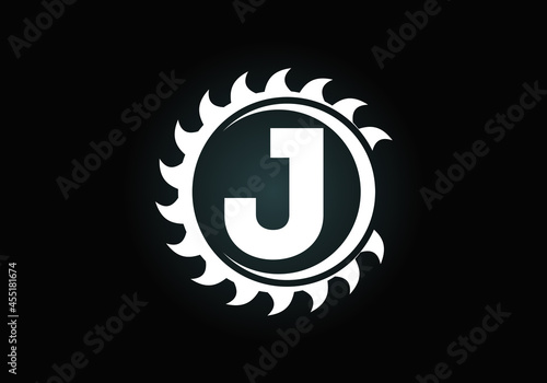 Initial J monogram alphabet with the saw blade. Carpentry, woodworking logo design. Font emblem. Modern vector logo for sawmill business and company identity